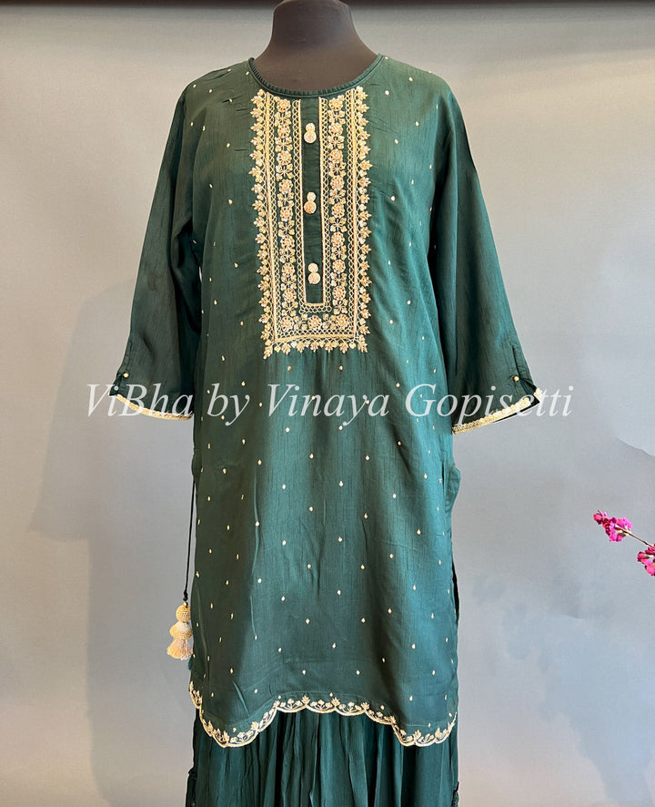 Designer Suits - Bottle Green Embroidered Sharara Set With Floral Dupatta