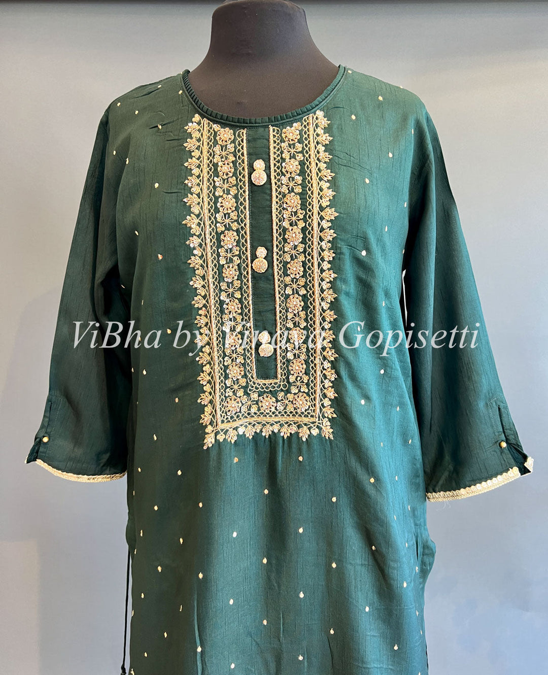 Designer Suits - Bottle Green Embroidered Sharara Set With Floral Dupatta