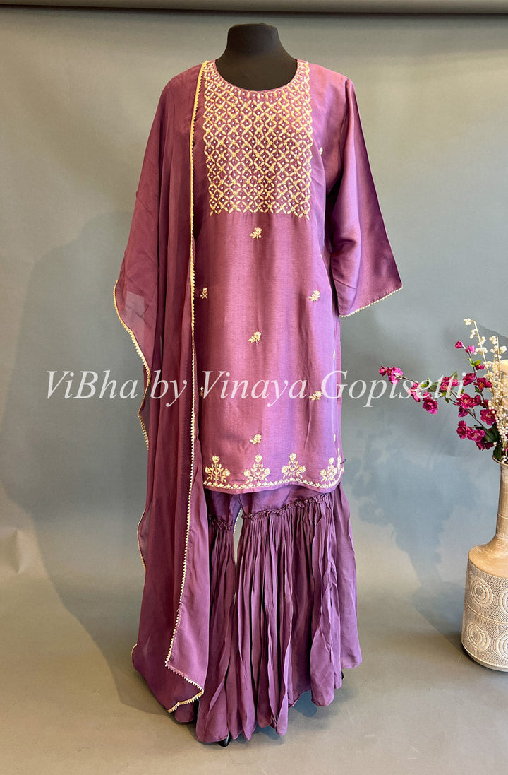 Designer Suits - Dark Mauve Embroidered Sharara Set