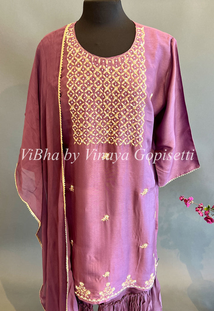 Designer Suits - Dark Mauve Embroidered Sharara Set