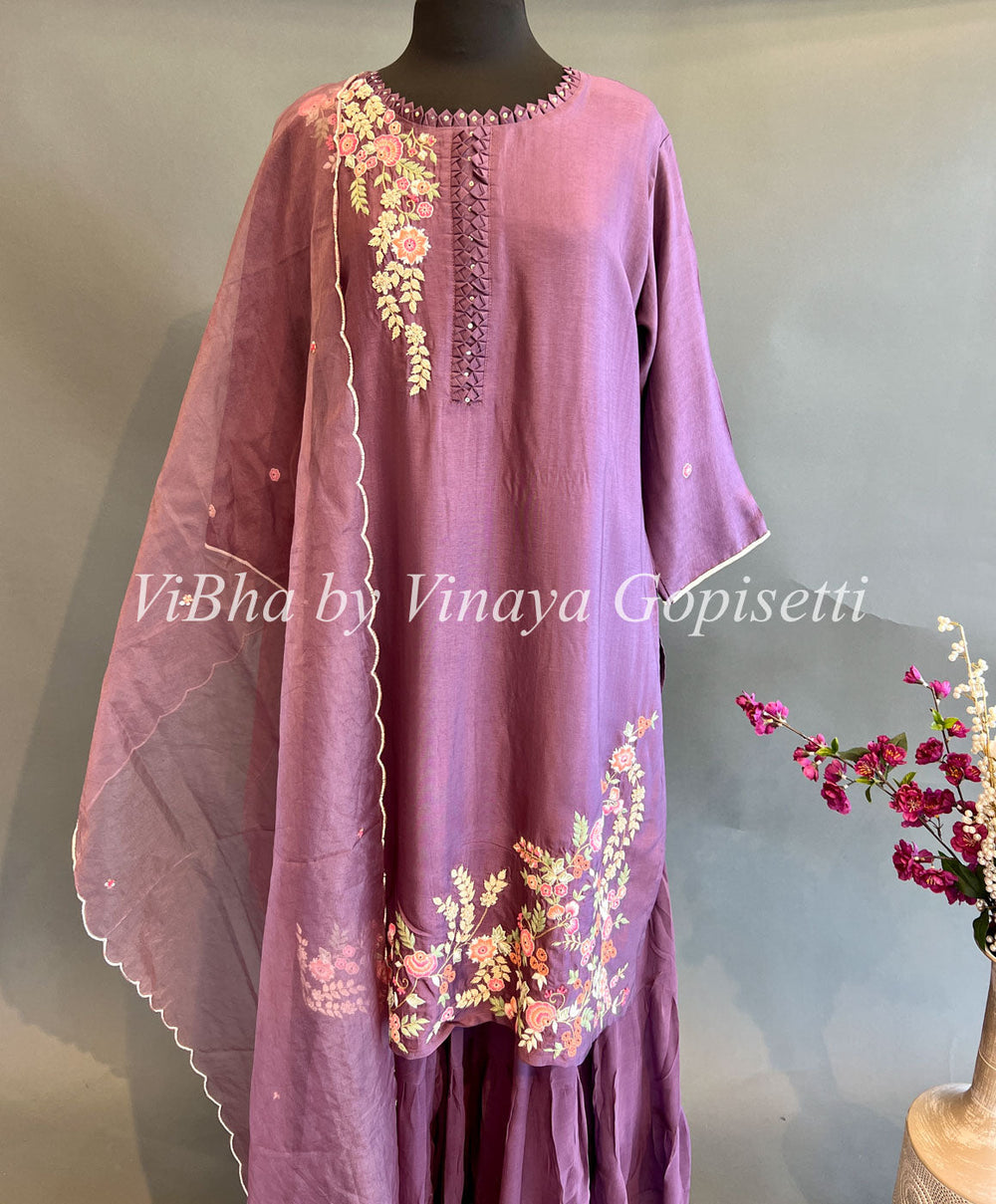 Designer Suits - Dark Mauve Floral Embroidered Sharara Set