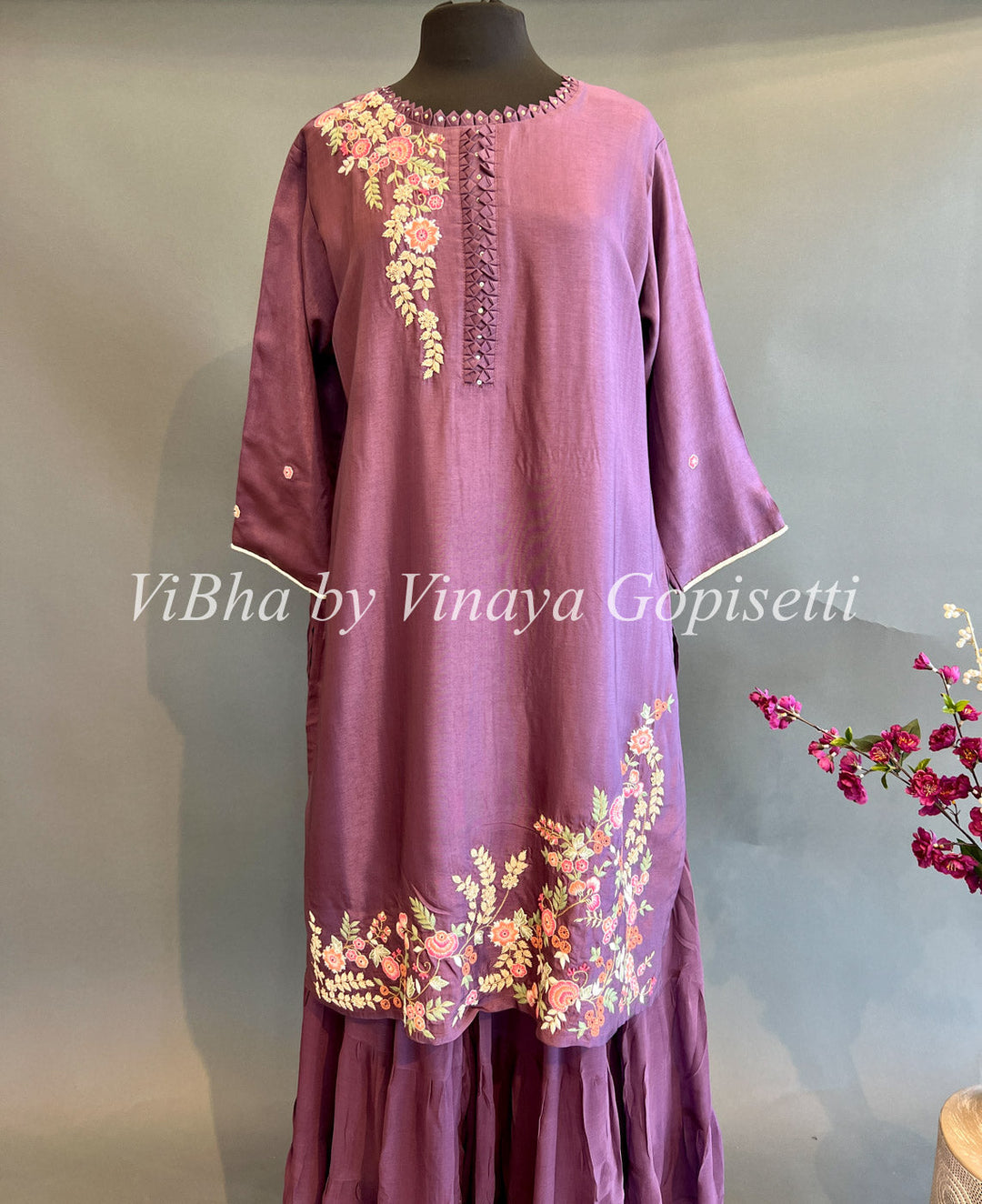 Designer Suits - Dark Mauve Floral Embroidered Sharara Set