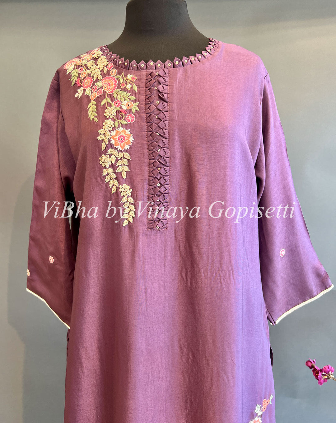 Designer Suits - Dark Mauve Floral Embroidered Sharara Set