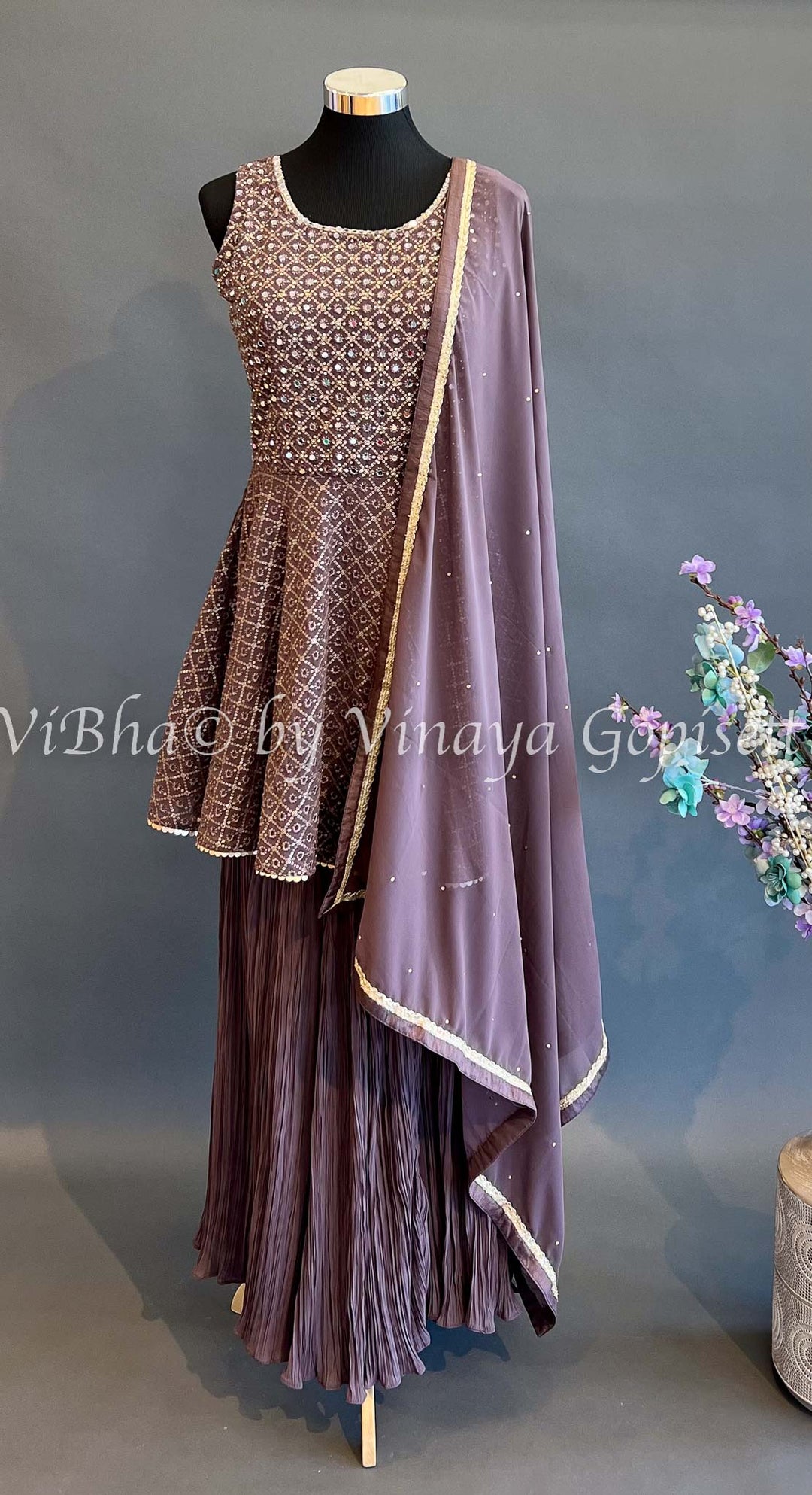 Designer Suits - Dark Mauve Mirror Work Sharara