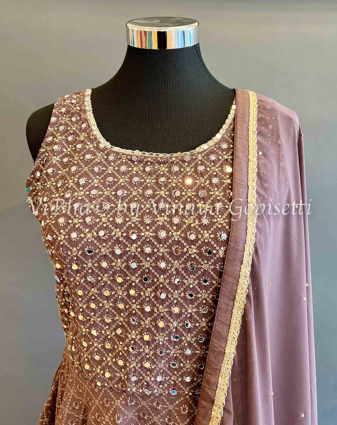 Designer Suits - Dark Mauve Mirror Work Sharara