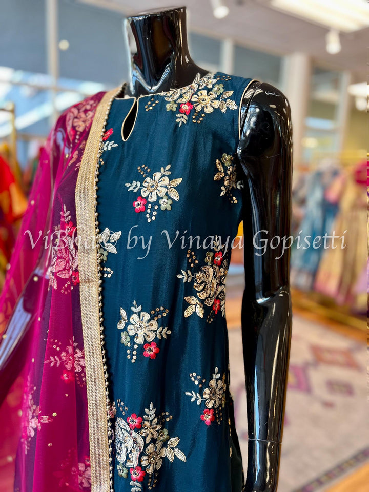 Designer Suits - Dark Peacock Blue Shrara Set