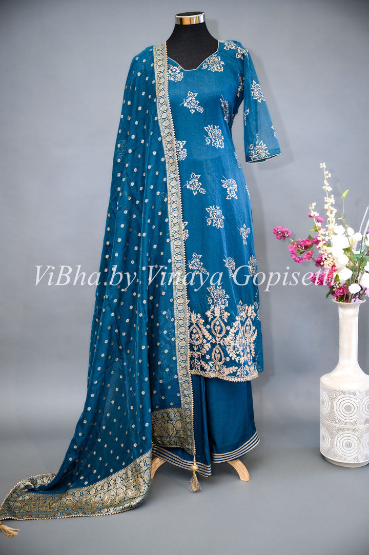 Designer Suits - Dark Teal Organza Palazzo Set Embellished With Foil Print And Gota Embroidery Work