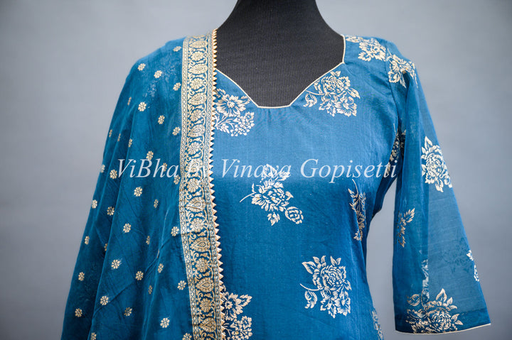 Designer Suits - Dark Teal Organza Palazzo Set Embellished With Foil Print And Gota Embroidery Work