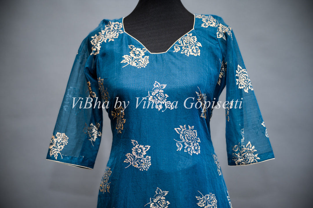 Designer Suits - Dark Teal Organza Palazzo Set Embellished With Foil Print And Gota Embroidery Work