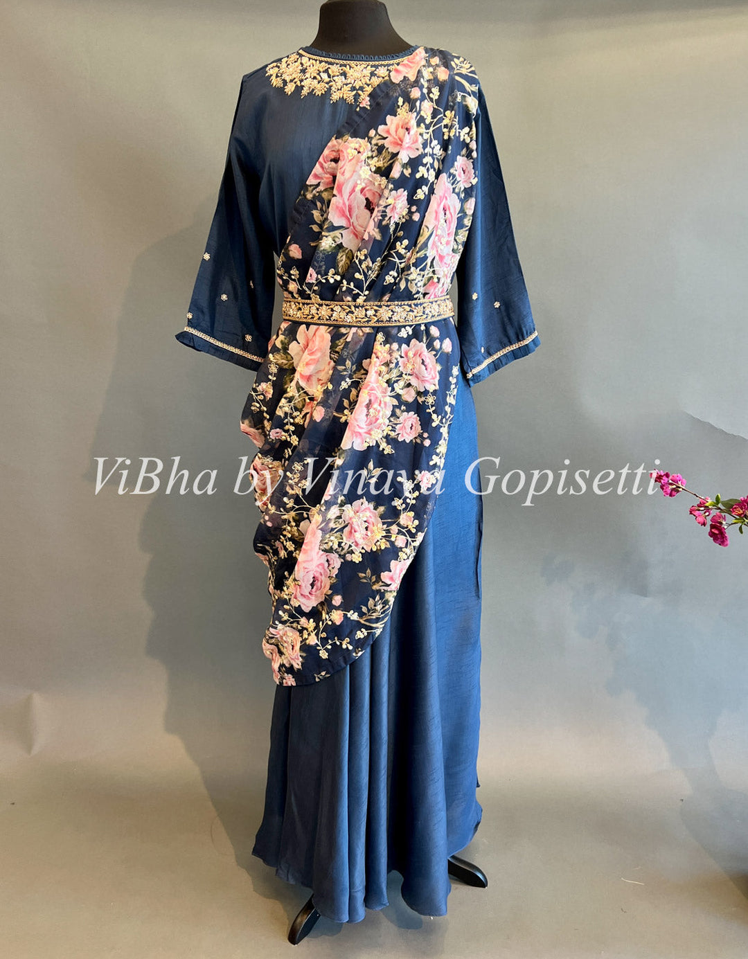 Designer Suits - Ink Blue Floor Length Embroidered Gown With Floral Dupatta And Waist Belt