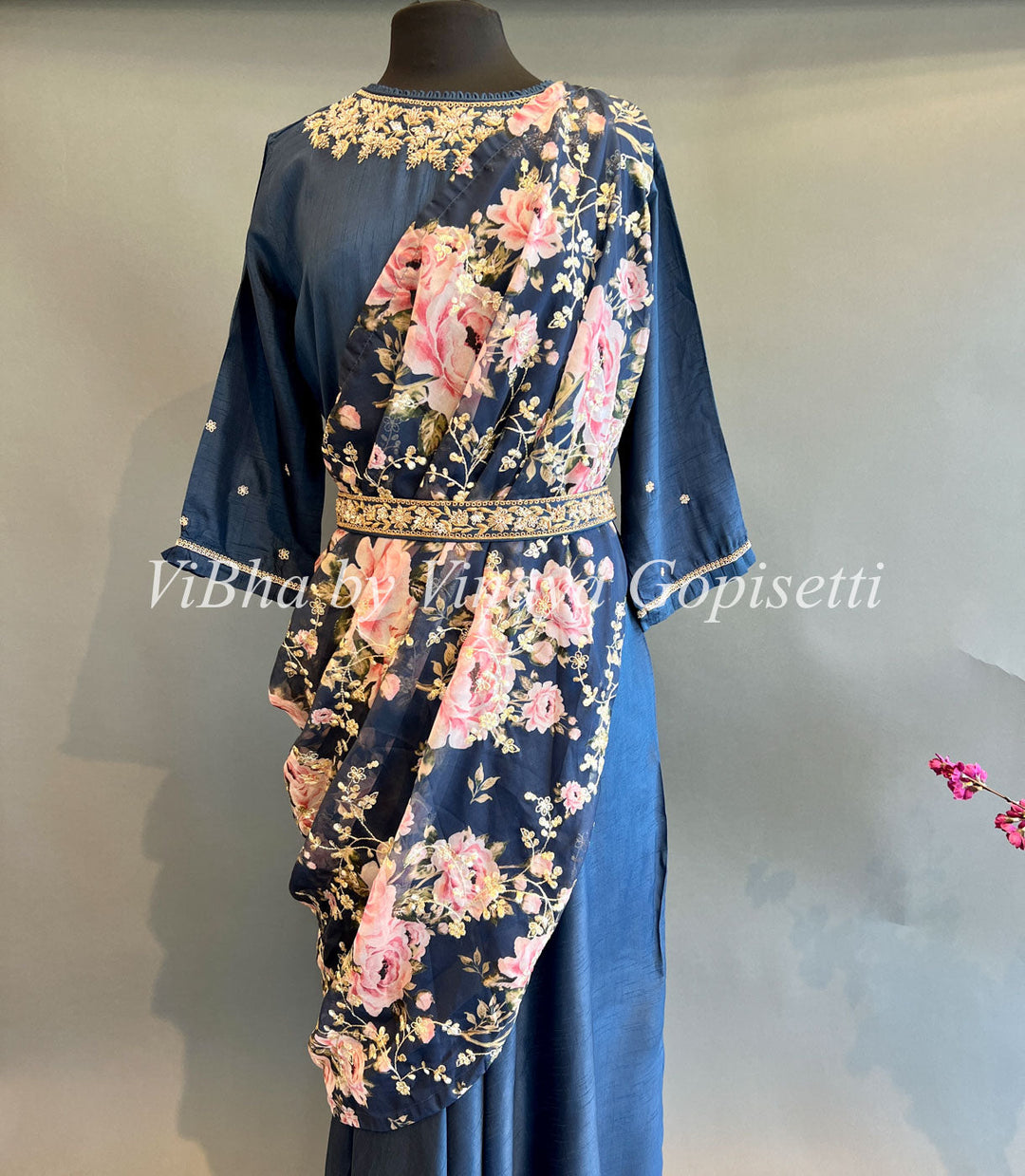 Designer Suits - Ink Blue Floor Length Embroidered Gown With Floral Dupatta And Waist Belt