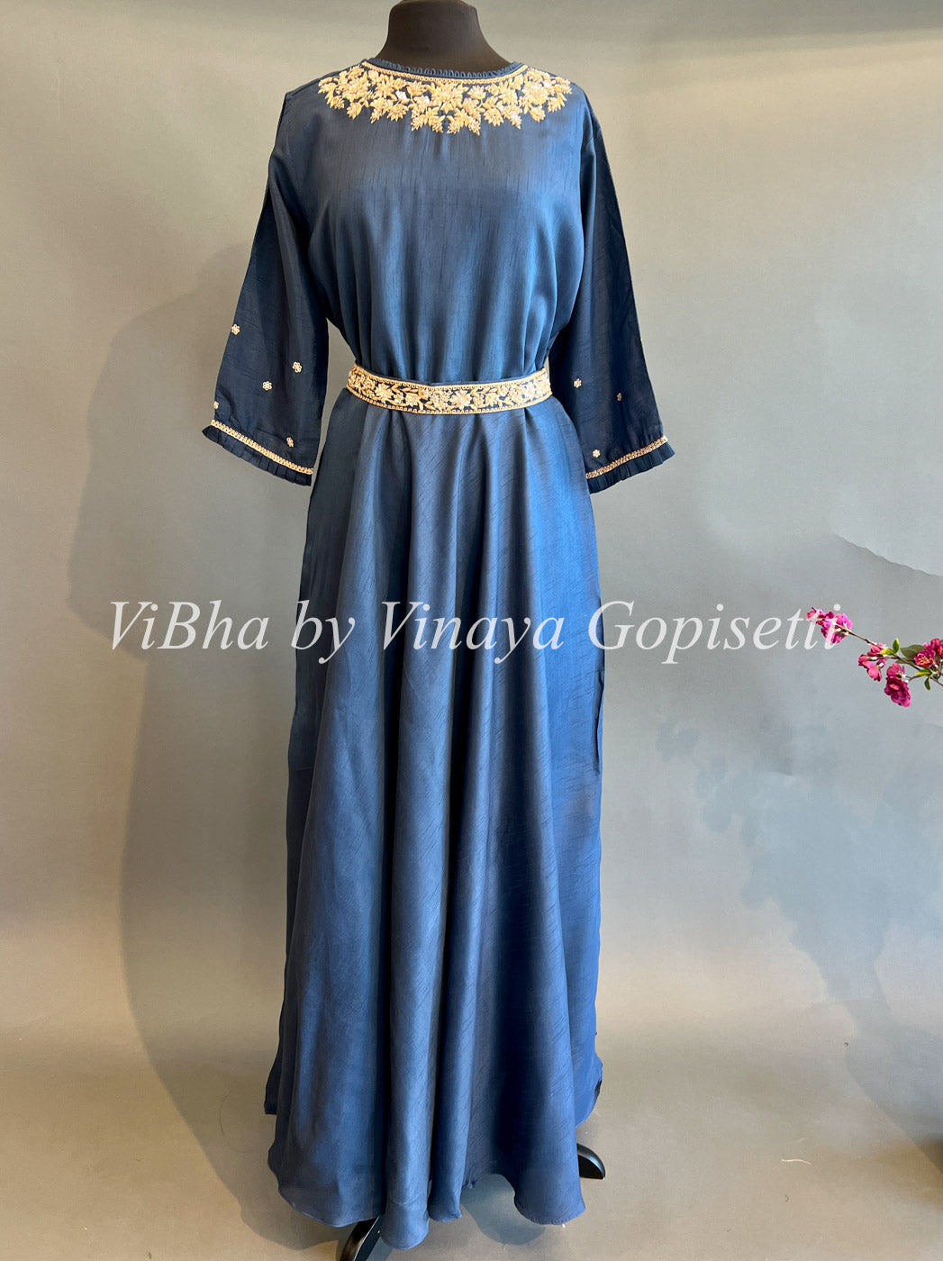 Designer Suits - Ink Blue Floor Length Embroidered Gown With Floral Dupatta And Waist Belt