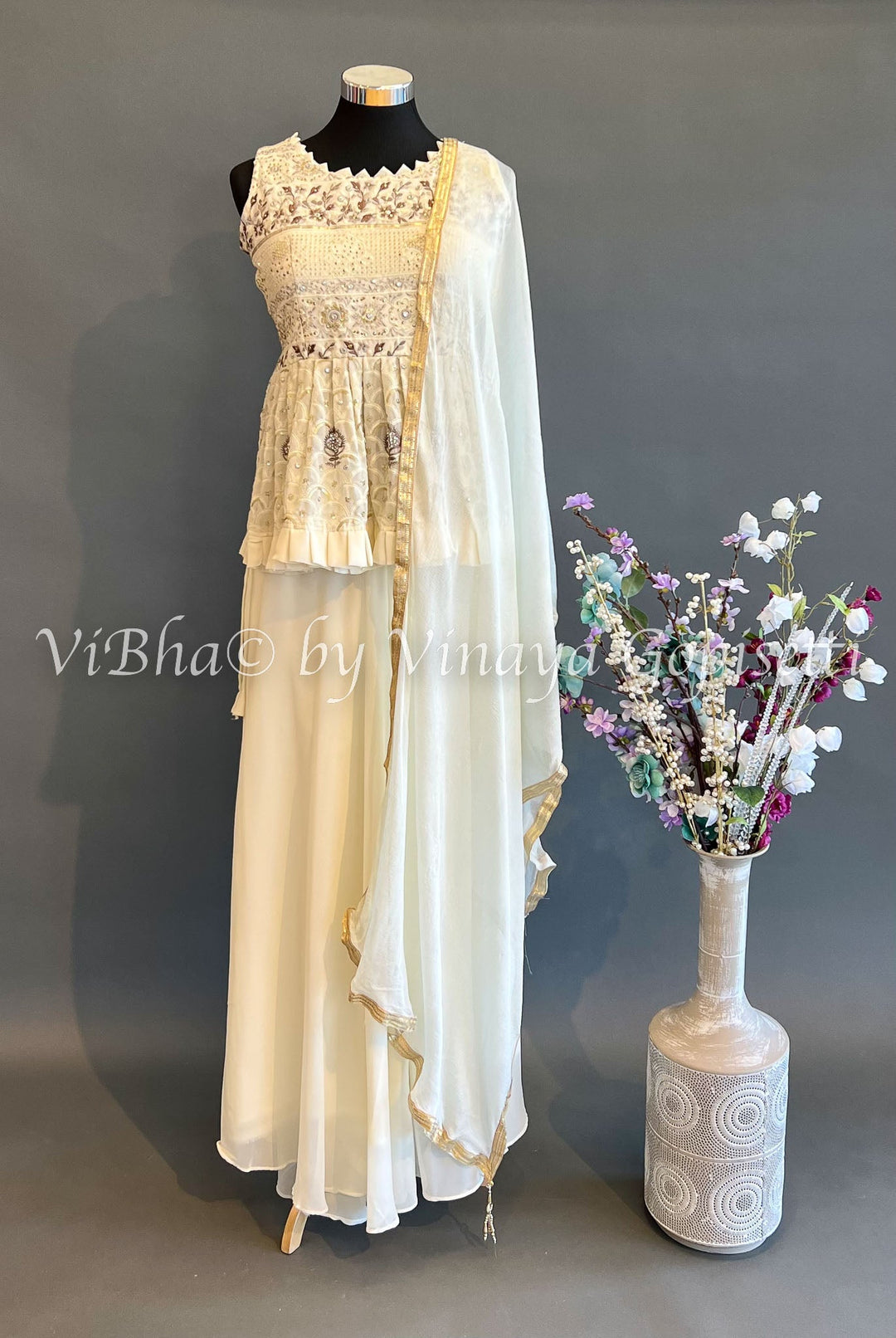 Designer Suits - Ivory Short Anarkali Sharara