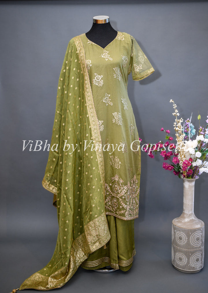 Designer Suits - Light Mehendi Green Organza Palazzo Set Embellished With Foil Print And Gota Embroidery Work