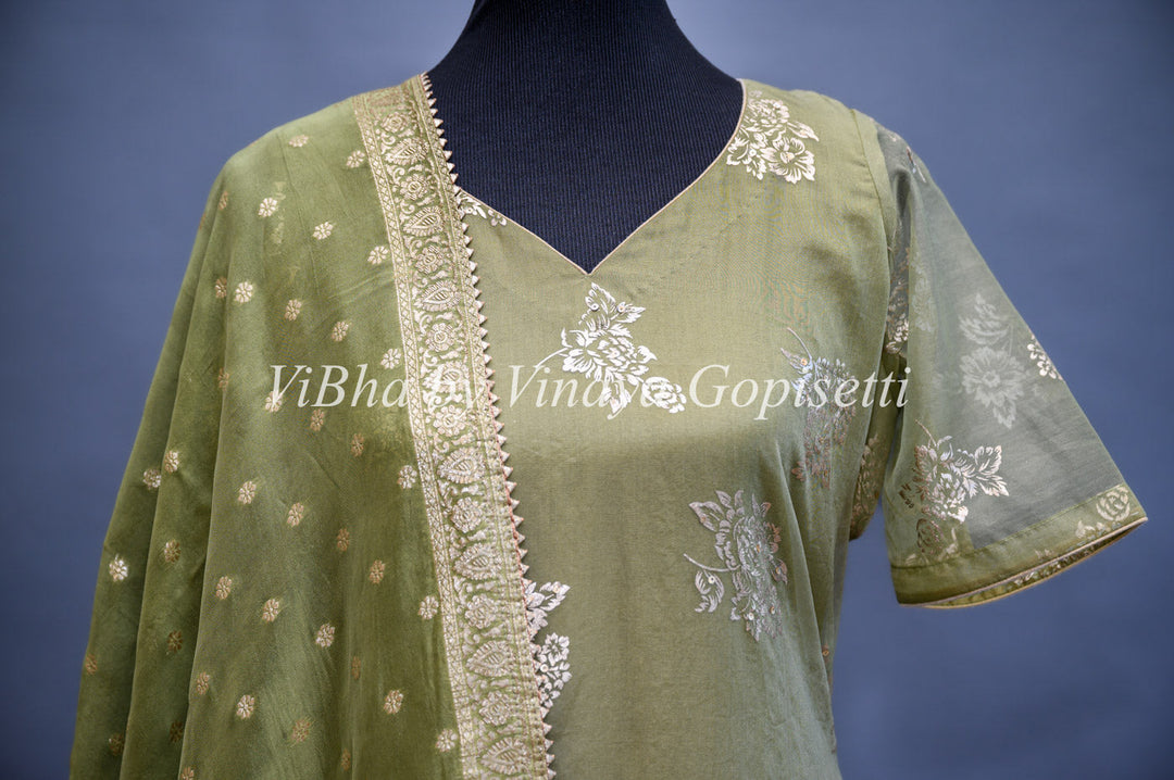 Designer Suits - Light Mehendi Green Organza Palazzo Set Embellished With Foil Print And Gota Embroidery Work