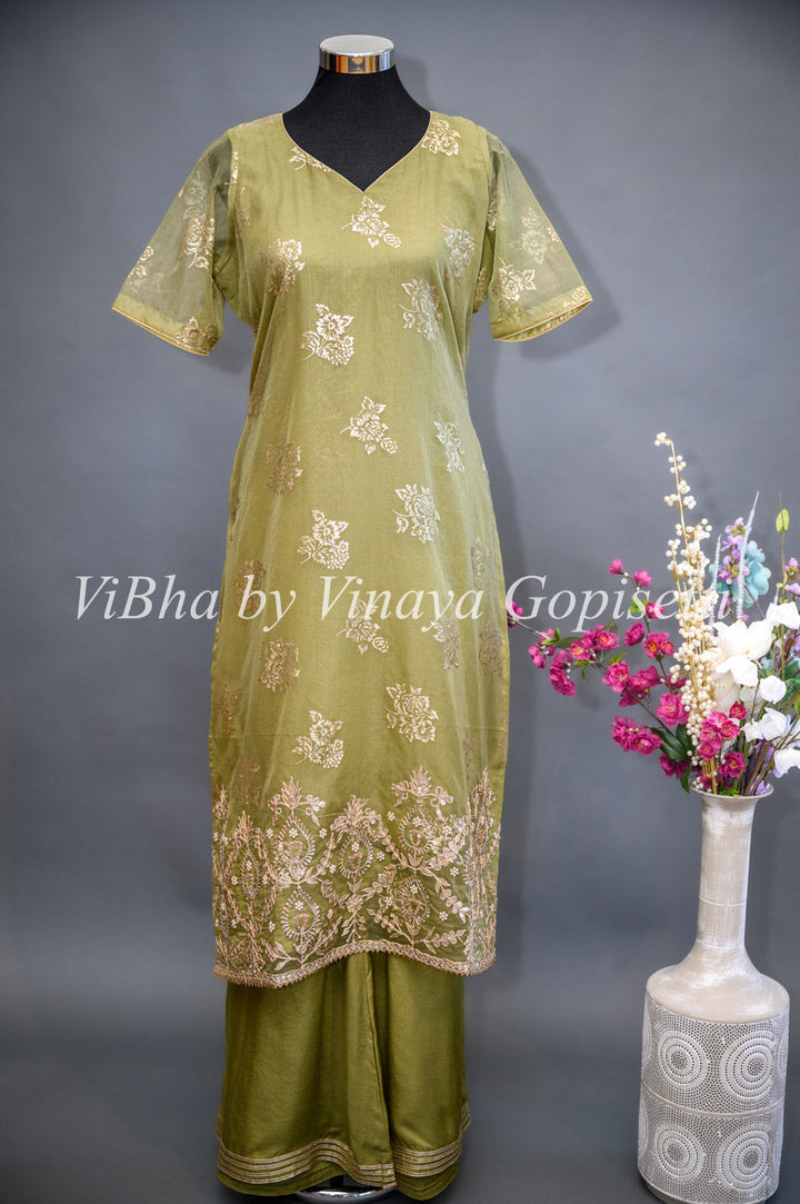 Designer Suits - Light Mehendi Green Organza Palazzo Set Embellished With Foil Print And Gota Embroidery Work