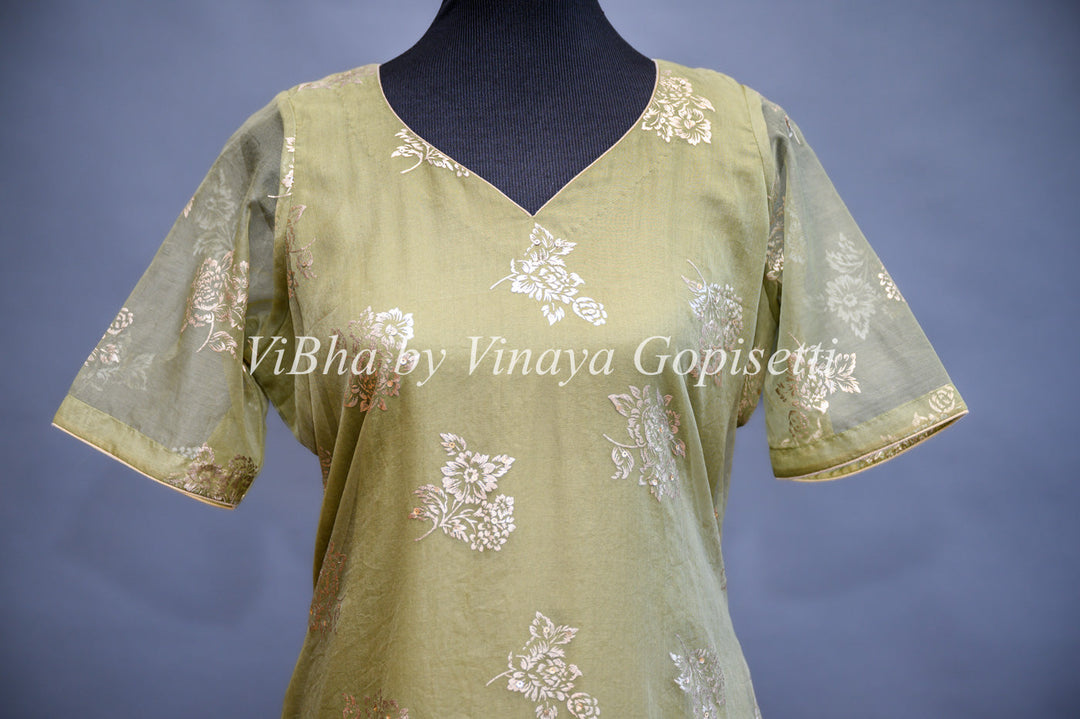 Designer Suits - Light Mehendi Green Organza Palazzo Set Embellished With Foil Print And Gota Embroidery Work