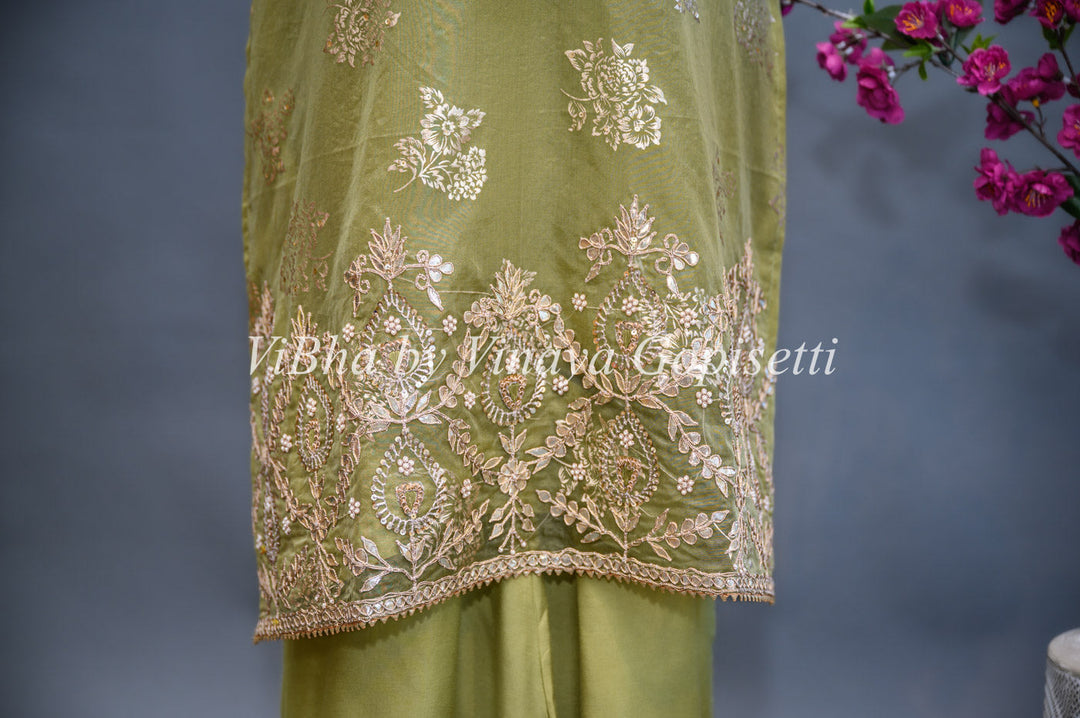 Designer Suits - Light Mehendi Green Organza Palazzo Set Embellished With Foil Print And Gota Embroidery Work