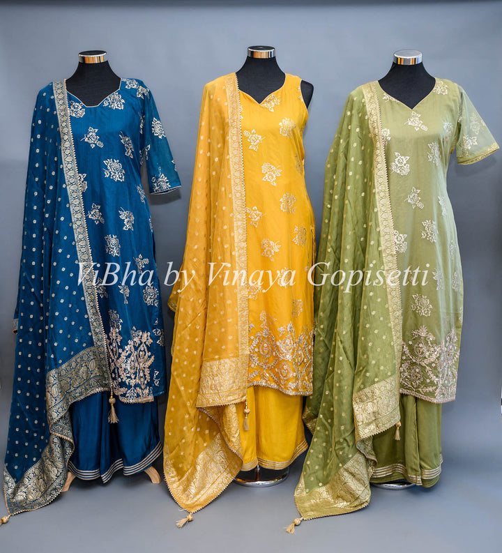 Designer Suits - Light Mehendi Green Organza Palazzo Set Embellished With Foil Print And Gota Embroidery Work