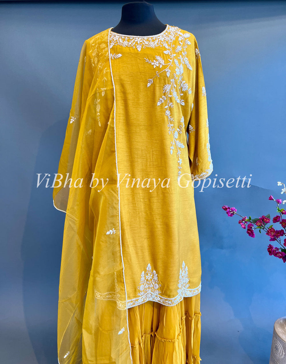 Designer Suits - Mustard Yellow Embroidered Sharara Set