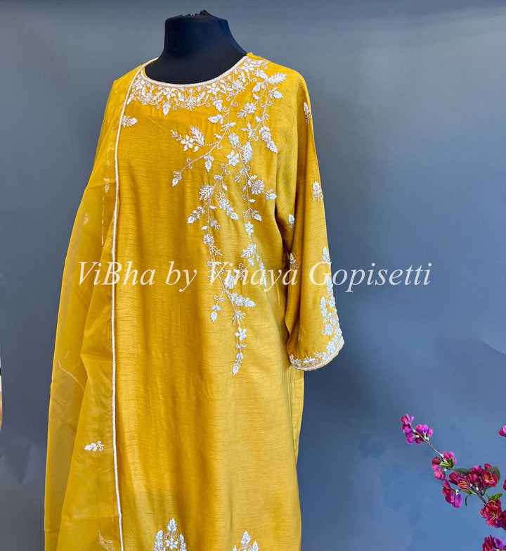 Designer Suits - Mustard Yellow Embroidered Sharara Set