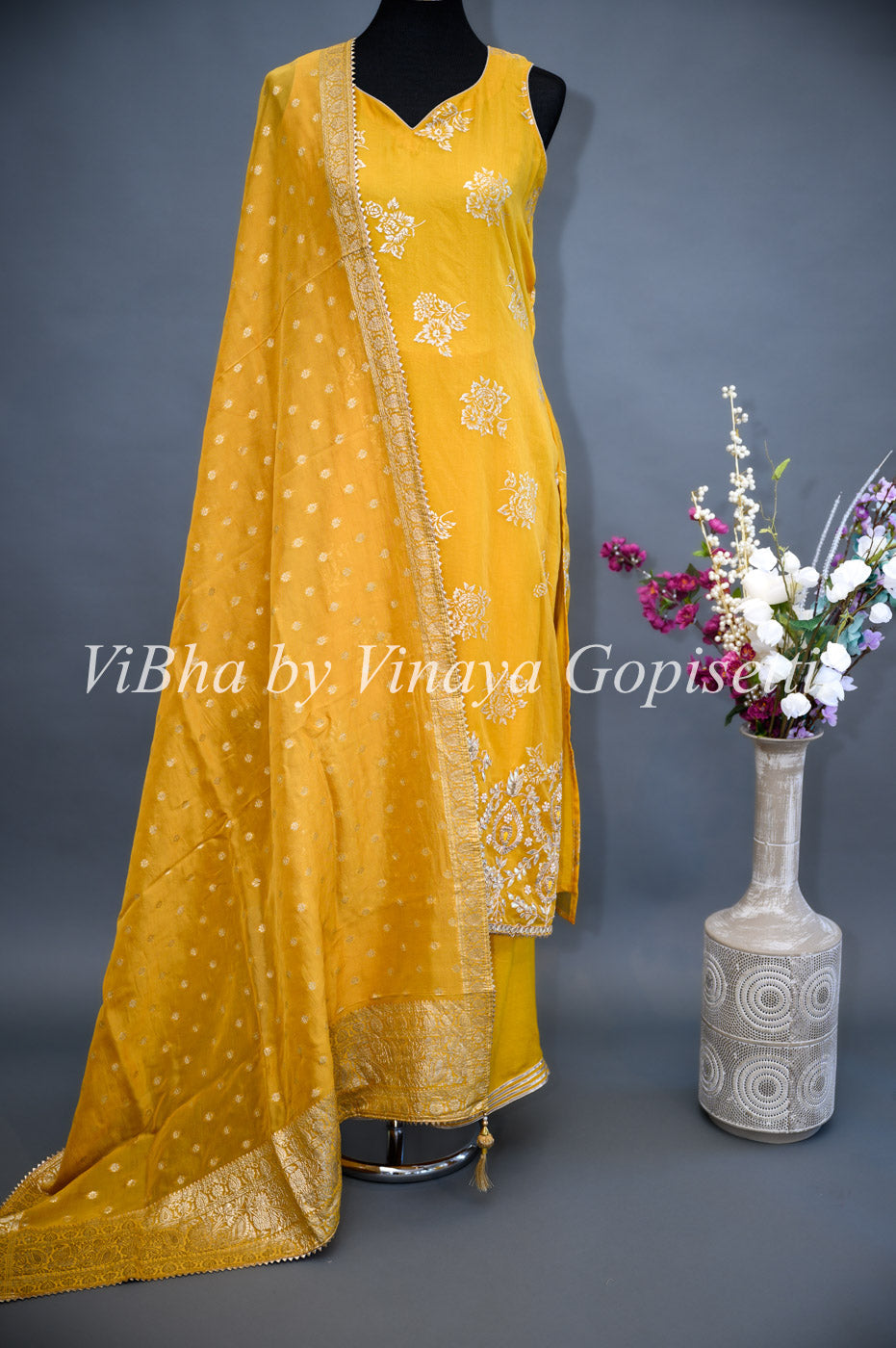 Designer Suits - Mustard Yellow Organza Parallel Set Embellished With Foil Print And Gota Embroidery Work