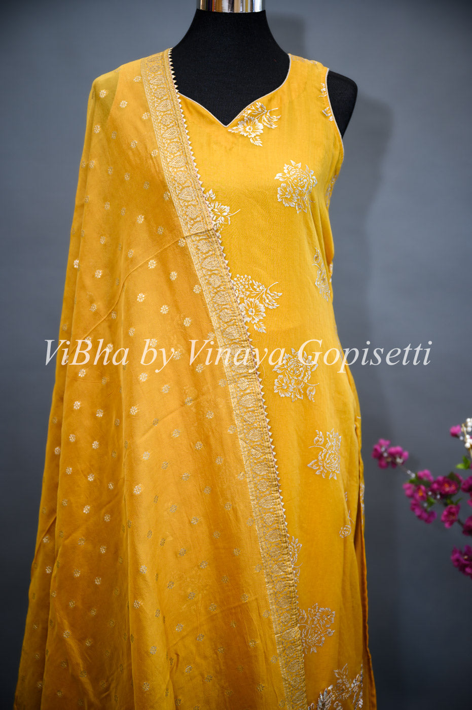 Designer Suits - Mustard Yellow Organza Parallel Set Embellished With Foil Print And Gota Embroidery Work