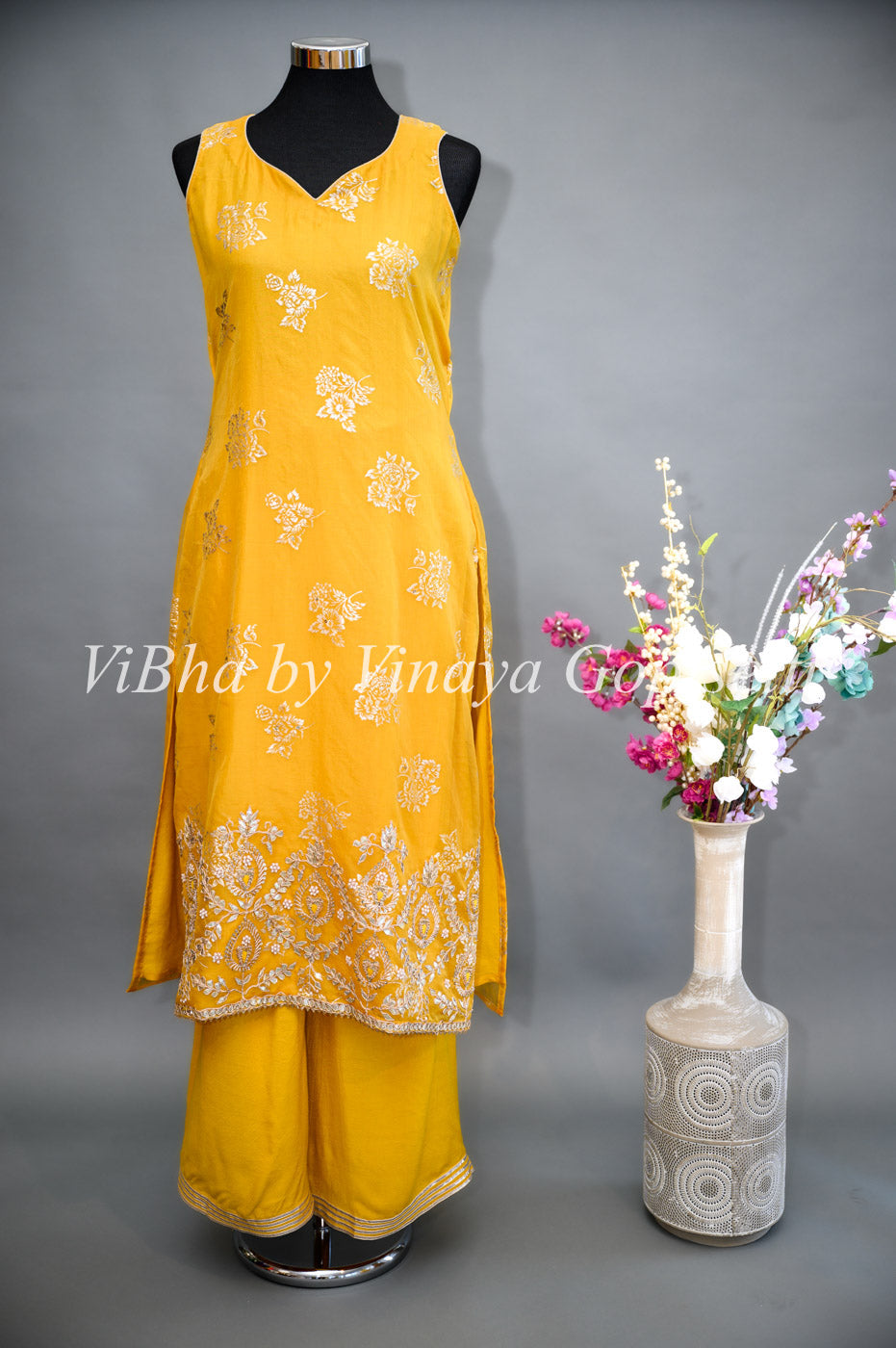 Designer Suits - Mustard Yellow Organza Parallel Set Embellished With Foil Print And Gota Embroidery Work