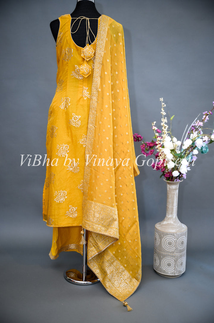 Designer Suits - Mustard Yellow Organza Parallel Set Embellished With Foil Print And Gota Embroidery Work