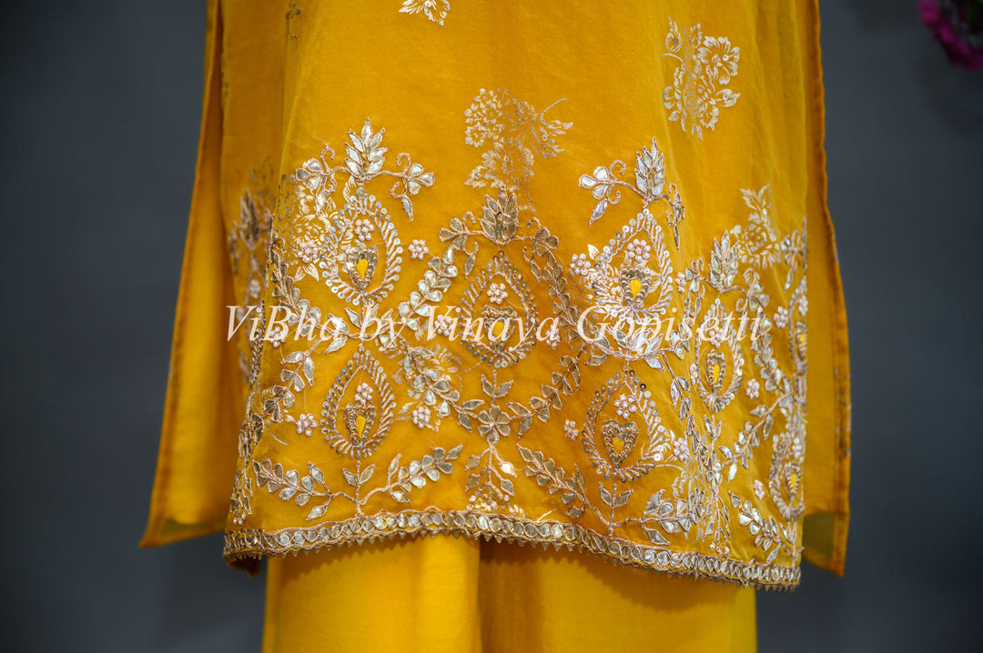 Designer Suits - Mustard Yellow Organza Parallel Set Embellished With Foil Print And Gota Embroidery Work