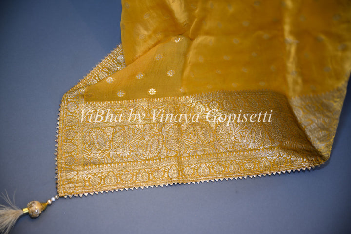 Designer Suits - Mustard Yellow Organza Parallel Set Embellished With Foil Print And Gota Embroidery Work