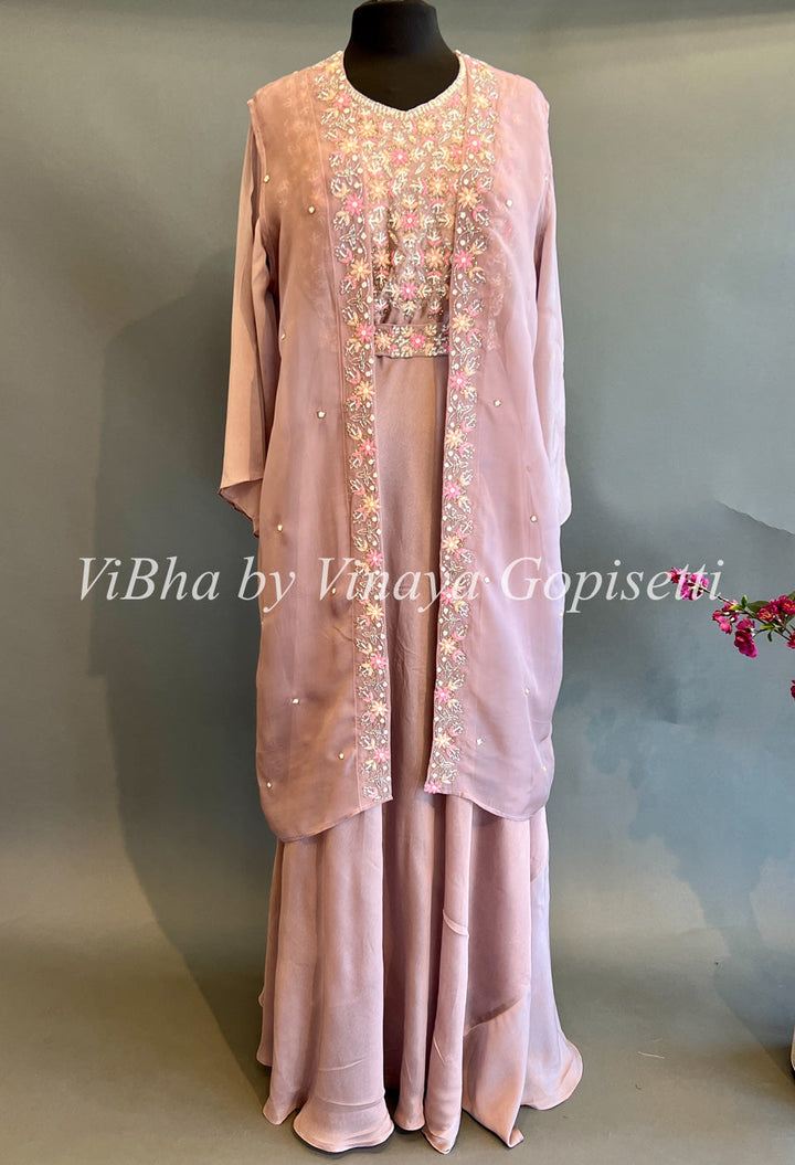 Designer Suits - Pastel Mauve Embroidered Floor Length Gown With Detachable Jacket And Belt