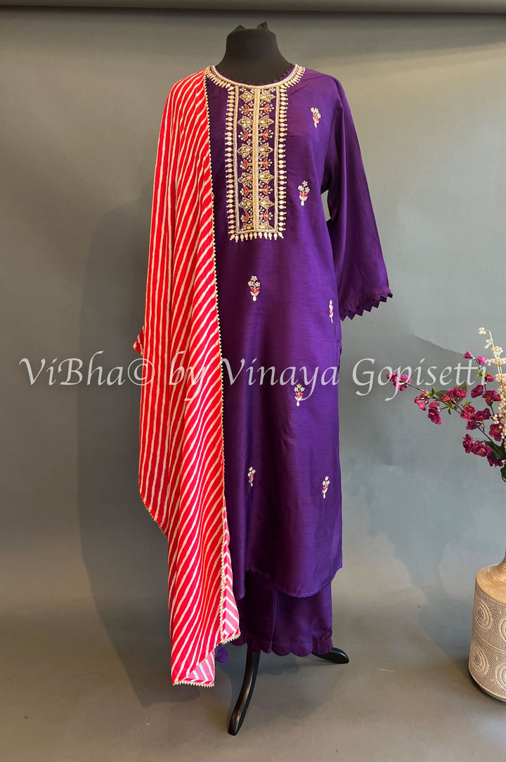 Designer Suits - Violet Embroidered Salwar Suit With Lehariya Dupatta