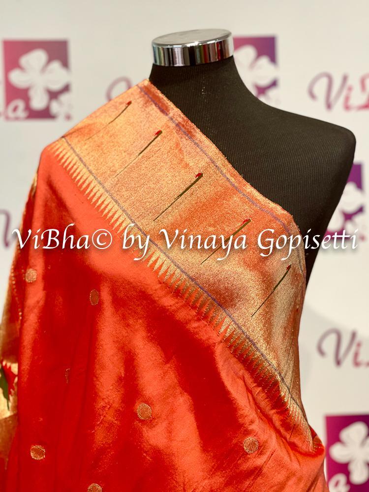 DUPATTA - Beautiful Paithani Pure Gold Zari Orange Single Muniya Dupatta