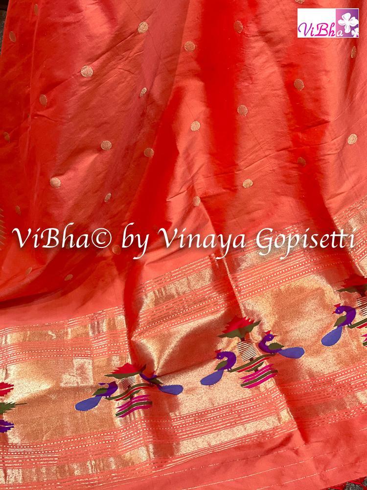 DUPATTA - Beautiful Paithani Pure Gold Zari Orange Single Muniya Dupatta