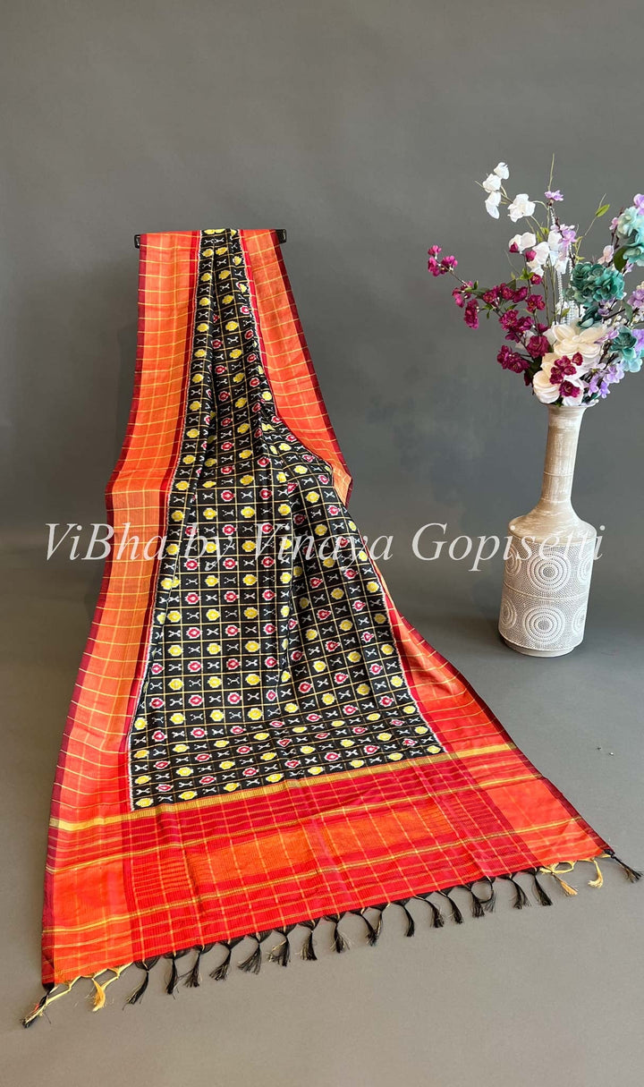 Dupatta - Black Ikkat Silk Dupatta