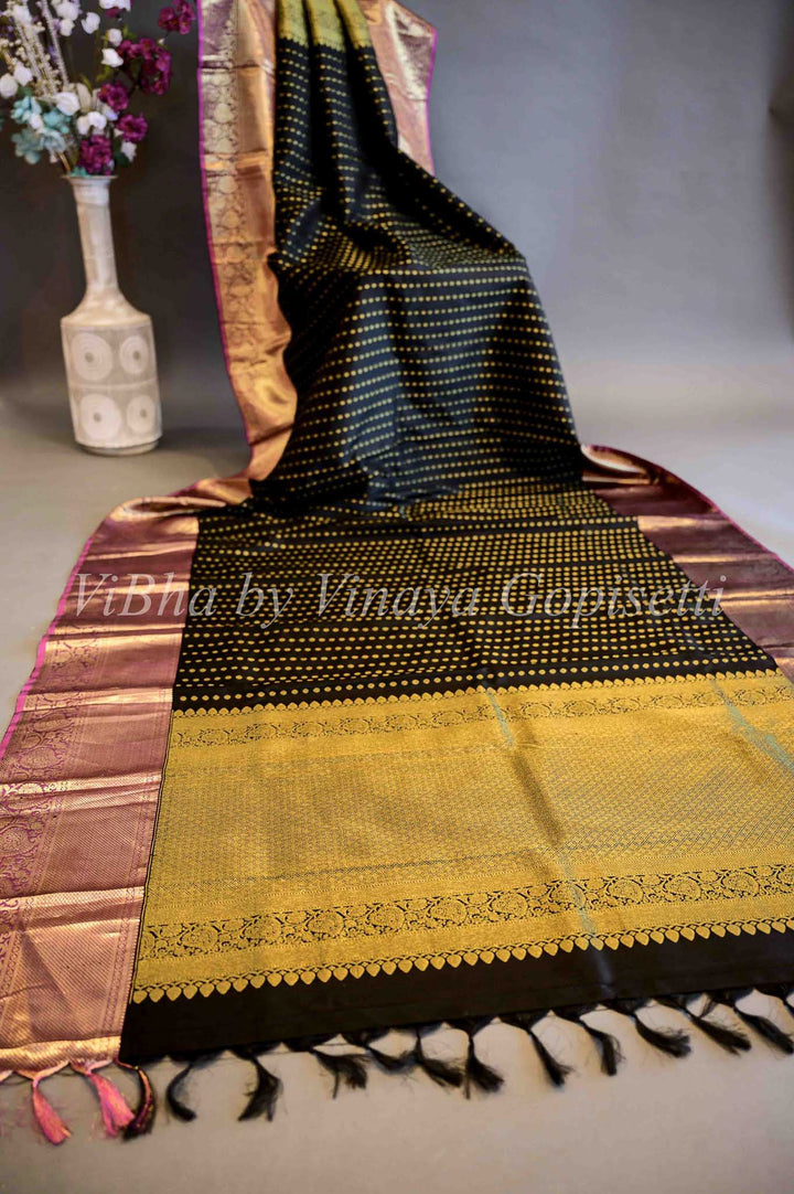 Dupatta - Black With Magenta Pink Borders Kanchi Silk Dupatta