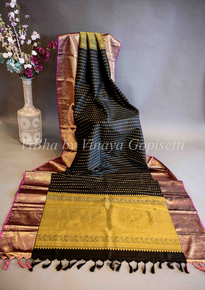 Dupatta - Black With Magenta Pink Borders Kanchi Silk Dupatta