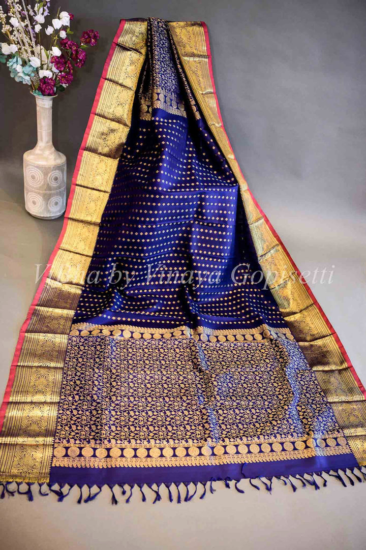 Dupatta - Dark Royal Blue With Pink Borders Kanchi Silk Dupatta