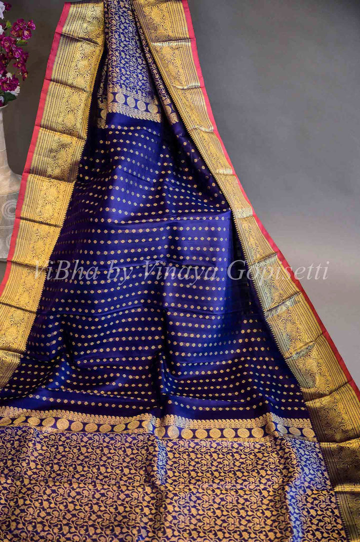 Dupatta - Dark Royal Blue With Pink Borders Kanchi Silk Dupatta