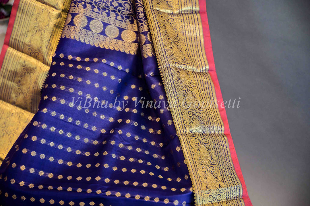 Dupatta - Dark Royal Blue With Pink Borders Kanchi Silk Dupatta