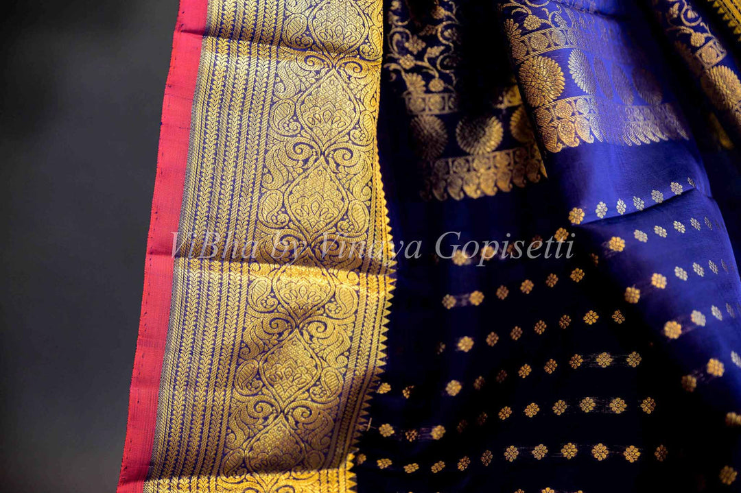 Dupatta - Dark Royal Blue With Pink Borders Kanchi Silk Dupatta