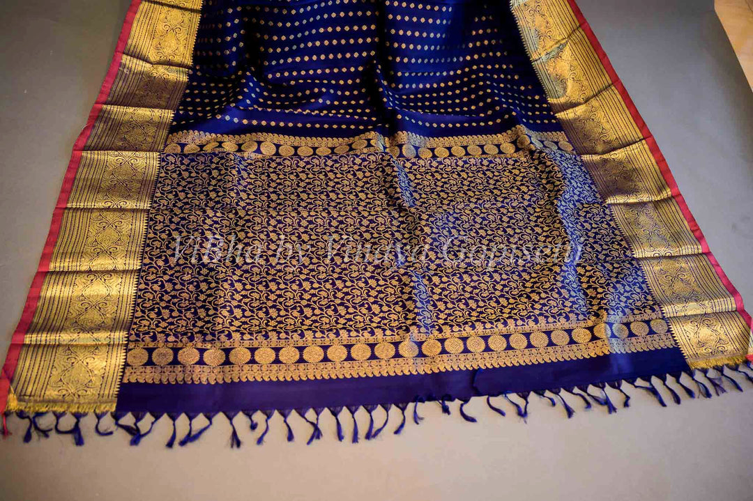 Dupatta - Dark Royal Blue With Pink Borders Kanchi Silk Dupatta