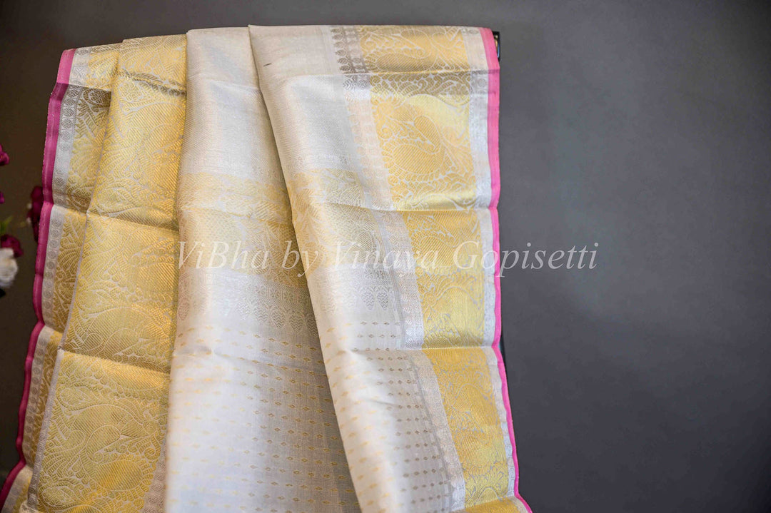 Dupatta - Ivory With Gold Borders Kanchi Silk Dupatta