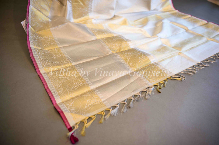 Dupatta - Ivory With Gold Borders Kanchi Silk Dupatta