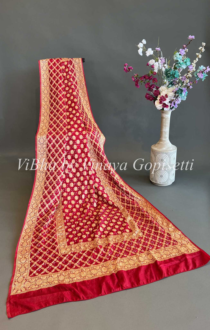 Dupatta - Maroon Red Bandhani Benares Georgette Dupatta