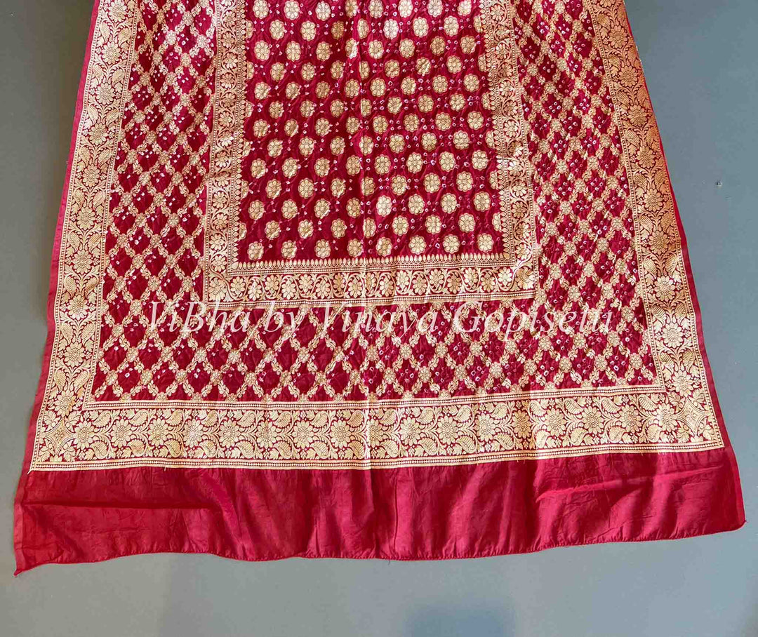 Dupatta - Maroon Red Bandhani Benares Georgette Dupatta