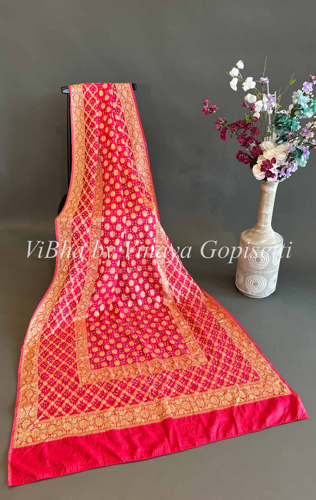 Dupatta - Pink Bandhani Benares Georgette Dupatta