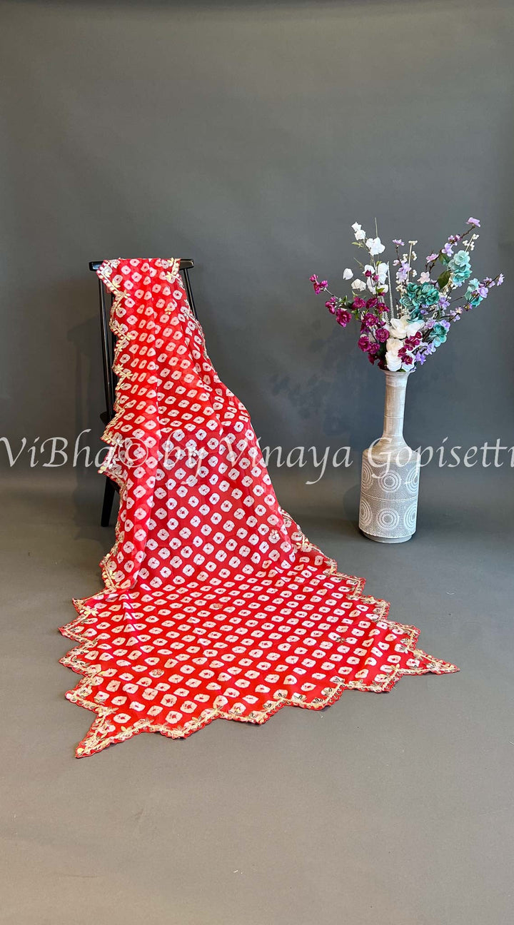 Dupatta - Red Organza Tie And Dye Dupatta