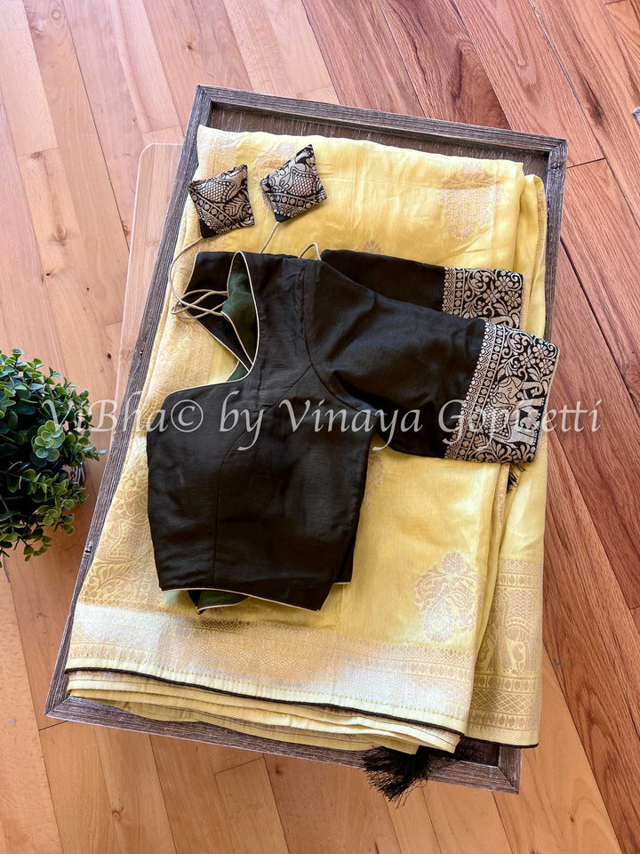 Fancy Saree - Dark Mehndi Green & Neon Yellow Dola Silk Saree